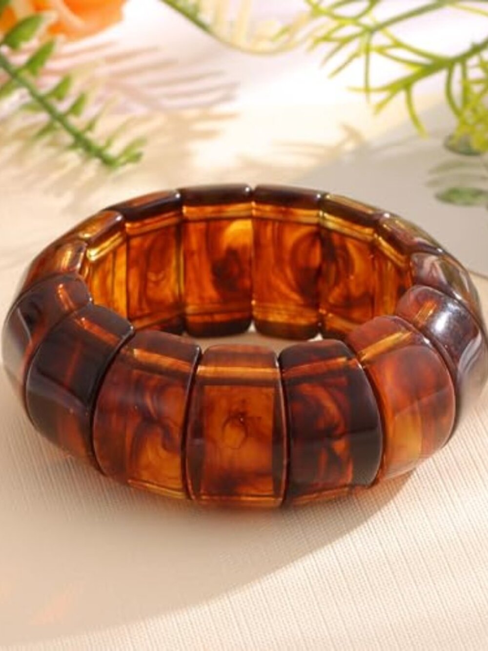 New - Amber Resin Statement Bracelet Chunky Geometric Elastic Bracelet